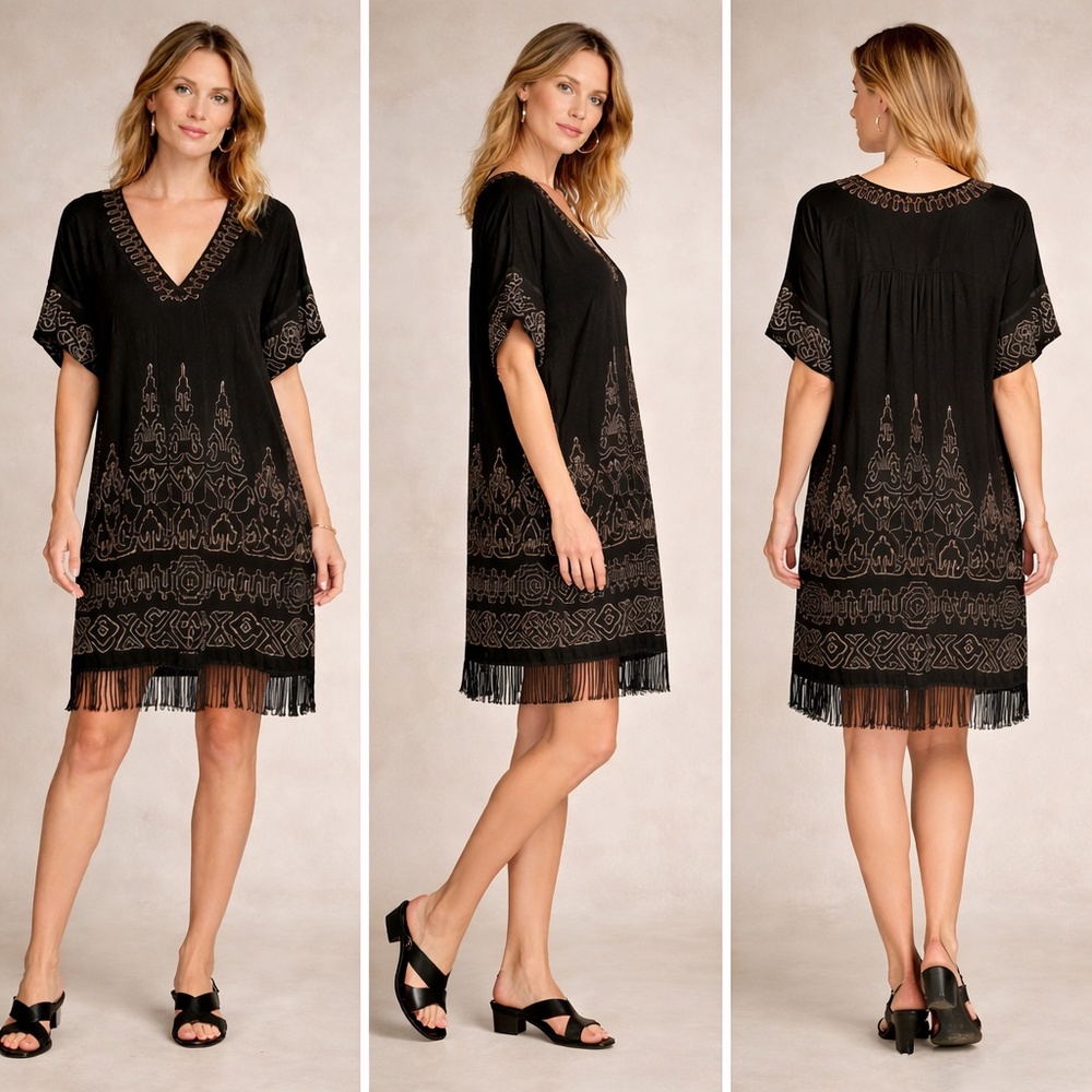 Burning Torch Beaded Black Fringe Dress